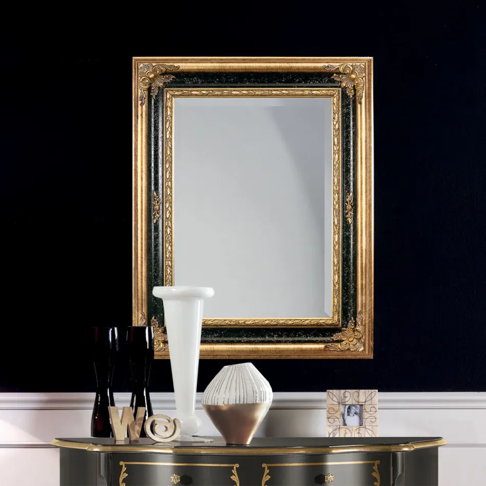 Rectangular Mirror in Gold and Black Leaf Wood Made in Italy - Sophie Viadurini