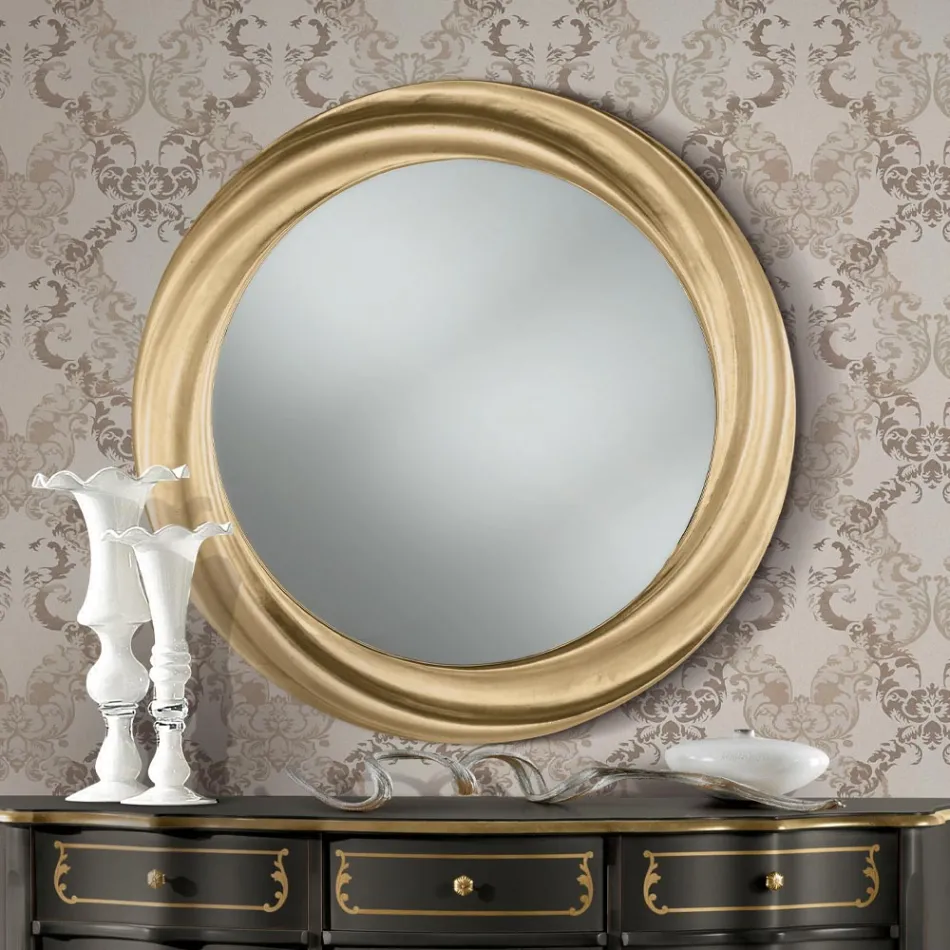 Round Mirror with Luxury Gold Wood Frame Made in Italy - Adelin Viadurini
