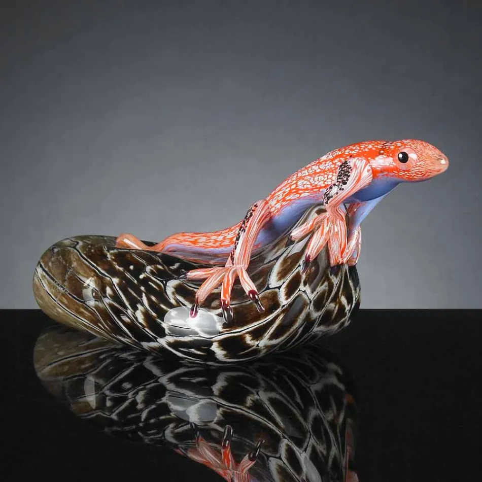 Figurine in the Shape of a Lizard on a Stone in Colored Glass Made in Italy - Certola Viadurini