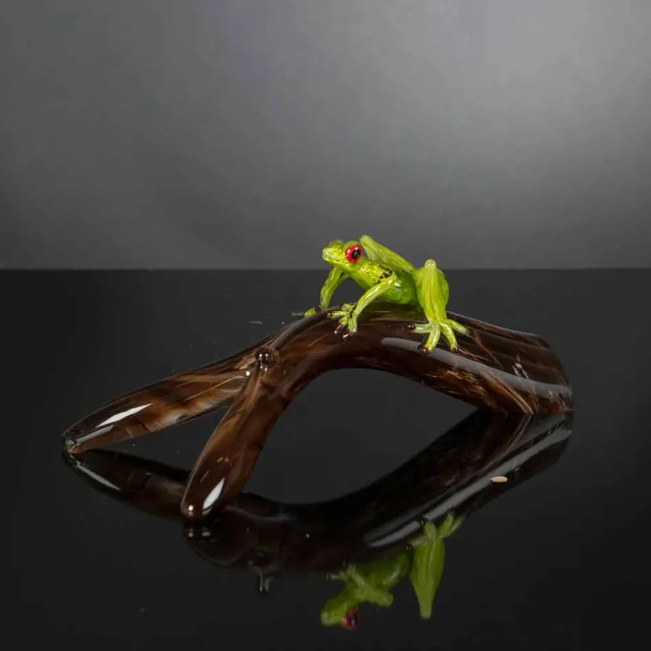 Figurine in the Shape of a Frog on a Branch in Colored Glass Made in Italy - Froggy Viadurini