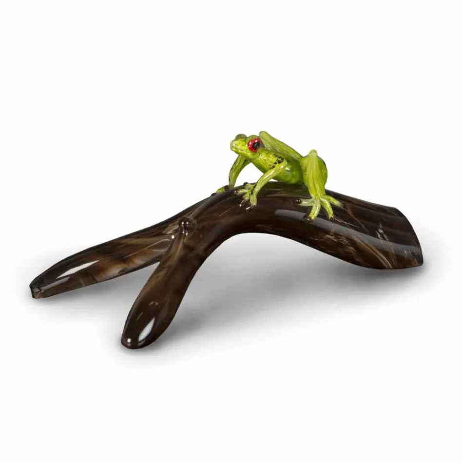 Figurine in the Shape of a Frog on a Branch in Colored Glass Made in Italy - Froggy Viadurini
