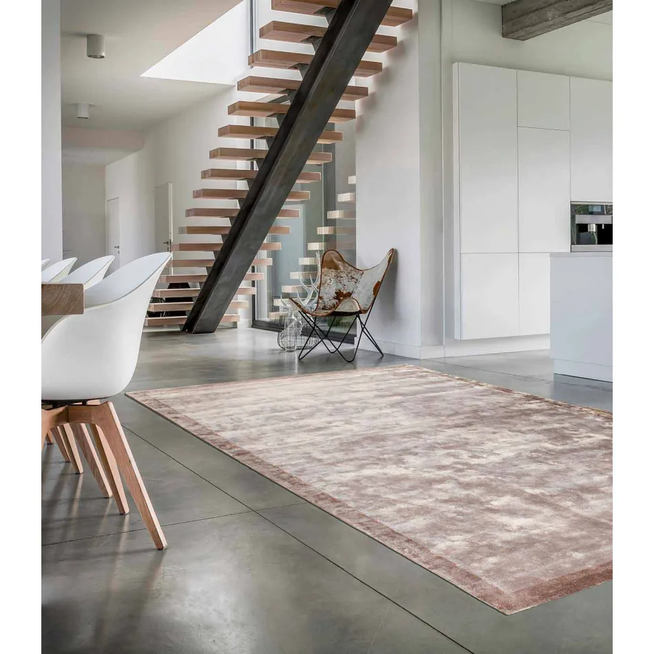 Bordered Rug in Cotton and Colored Viscose for Living Room - Planetarium Viadurini