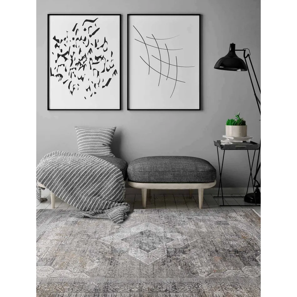 Designer Rug in Viscose and Acrylic Gray Beige with Design - President Viadurini