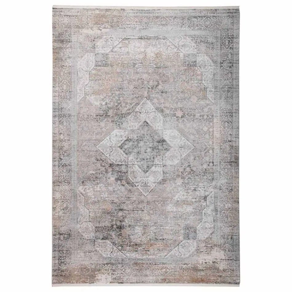 Designer Rug in Viscose and Acrylic Gray Beige with Design - President Viadurini