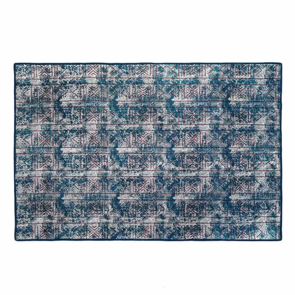 Rectangular Blue Kilim Cotton Rug with Colored Patchwork - Fiber Viadurini