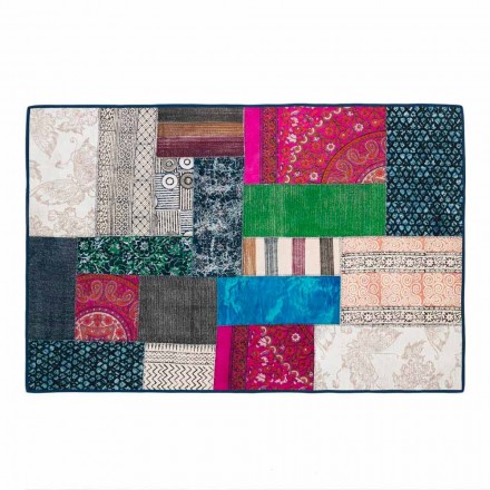 Rectangular Blue Kilim Cotton Rug with Colored Patchwork - Fiber Viadurini