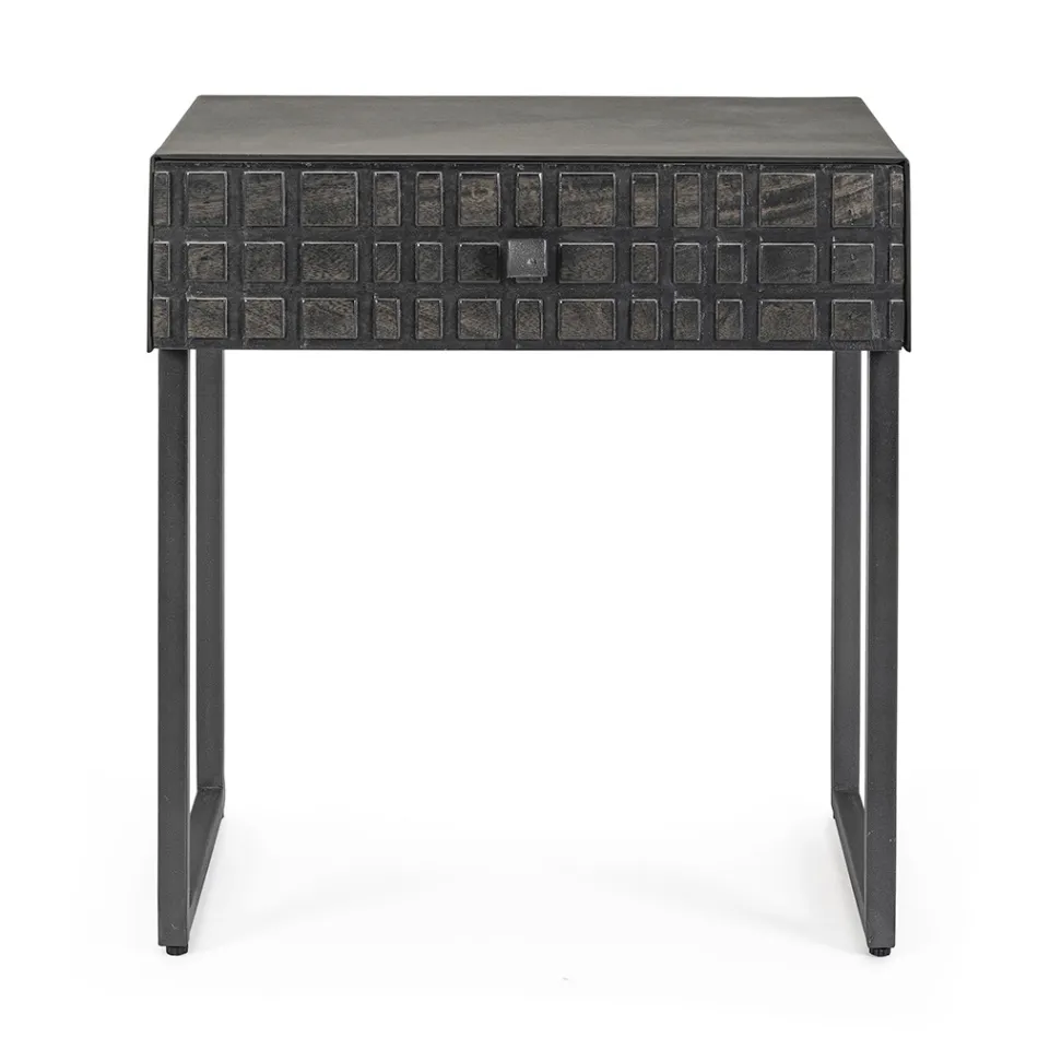 Bedside Table in Steel and Mango Wood of Ethnic Design - Mireo Viadurini