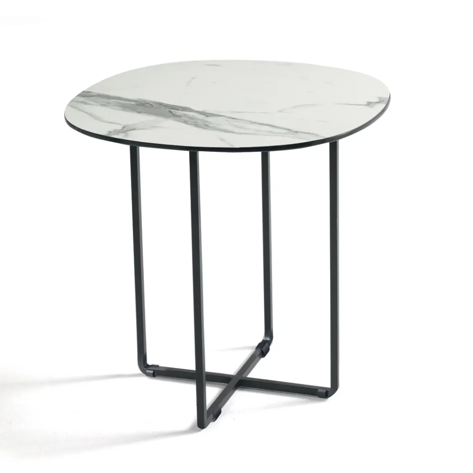 Coffee Table with Metal Base and Mirror and Marble-Effect Ceramic Top - Gisella Viadurini