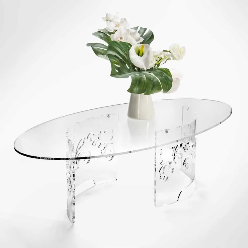 Coffee Table in Smoked or Transparent Plexiglass with Decorated Base - Crassus Viadurini