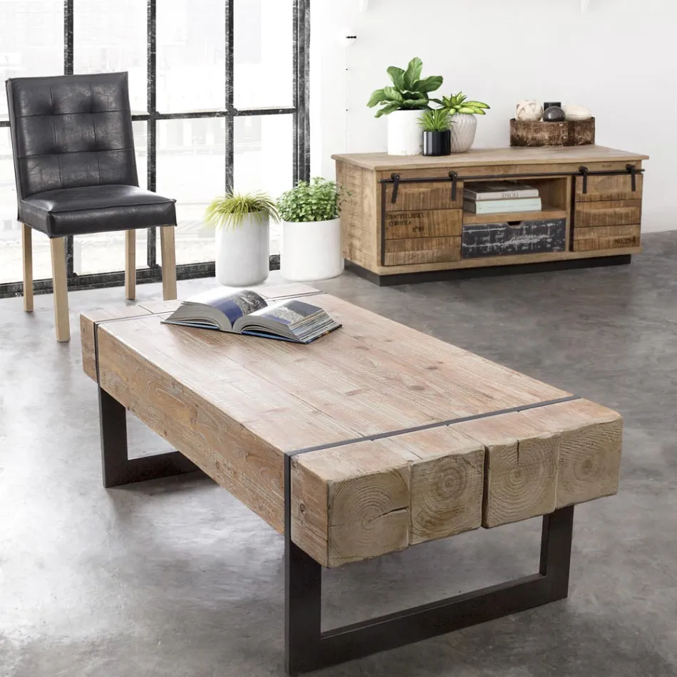 Coffee Table for the Living Room in Fir Wood and Steel - Ilenia Viadurini