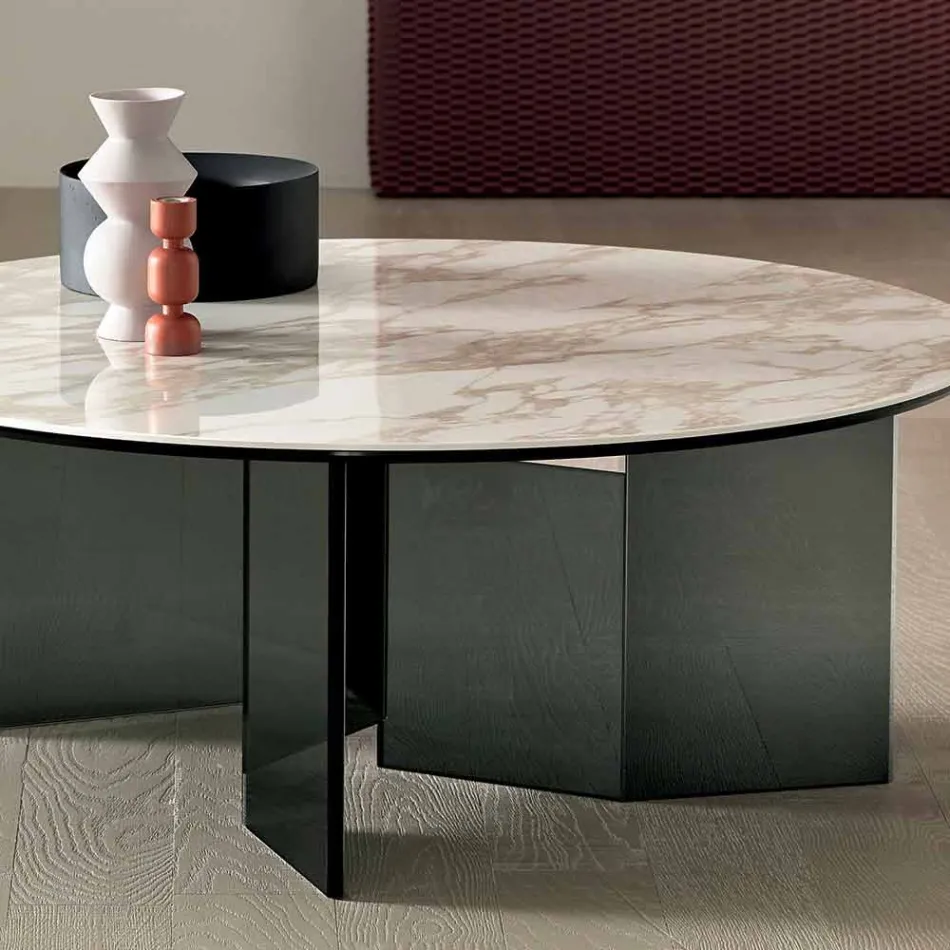 Round Coffee Table with Ceramic Top and Smoked Glass Legs - Random Viadurini