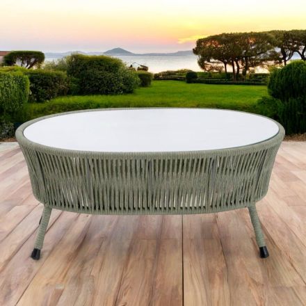 Garden coffee table in aluminum and woven rope and glass - Asteria Viadurini
