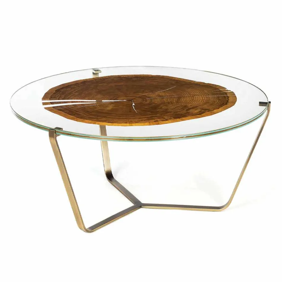 Coffee Table with Round Glass and Wood Top Made in Italy - Baviera Viadurini