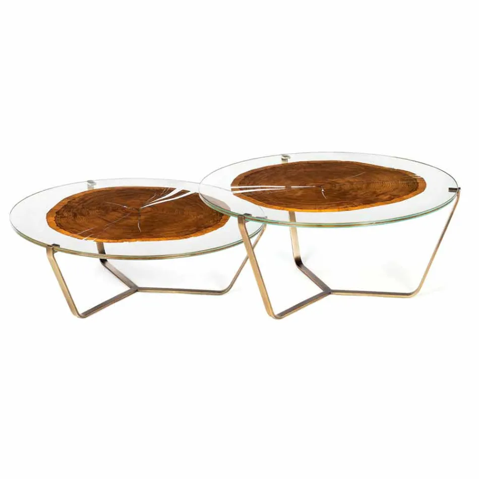 Coffee Table with Round Glass and Wood Top Made in Italy - Baviera Viadurini