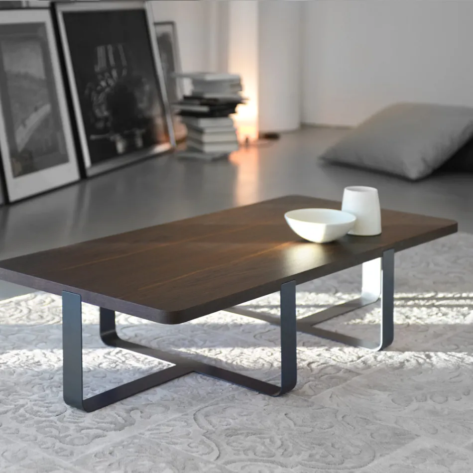 Luxury Coffee Table in Colored Metal and Wooden Top - Anacleto Viadurini