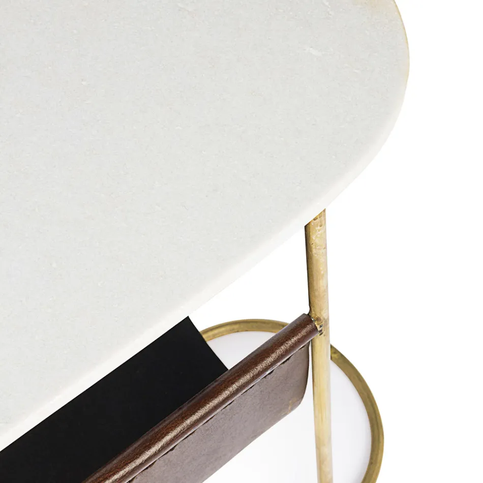 Coffee Table in Steel and Marble with Leather Magazine Rack - Aretone Viadurini