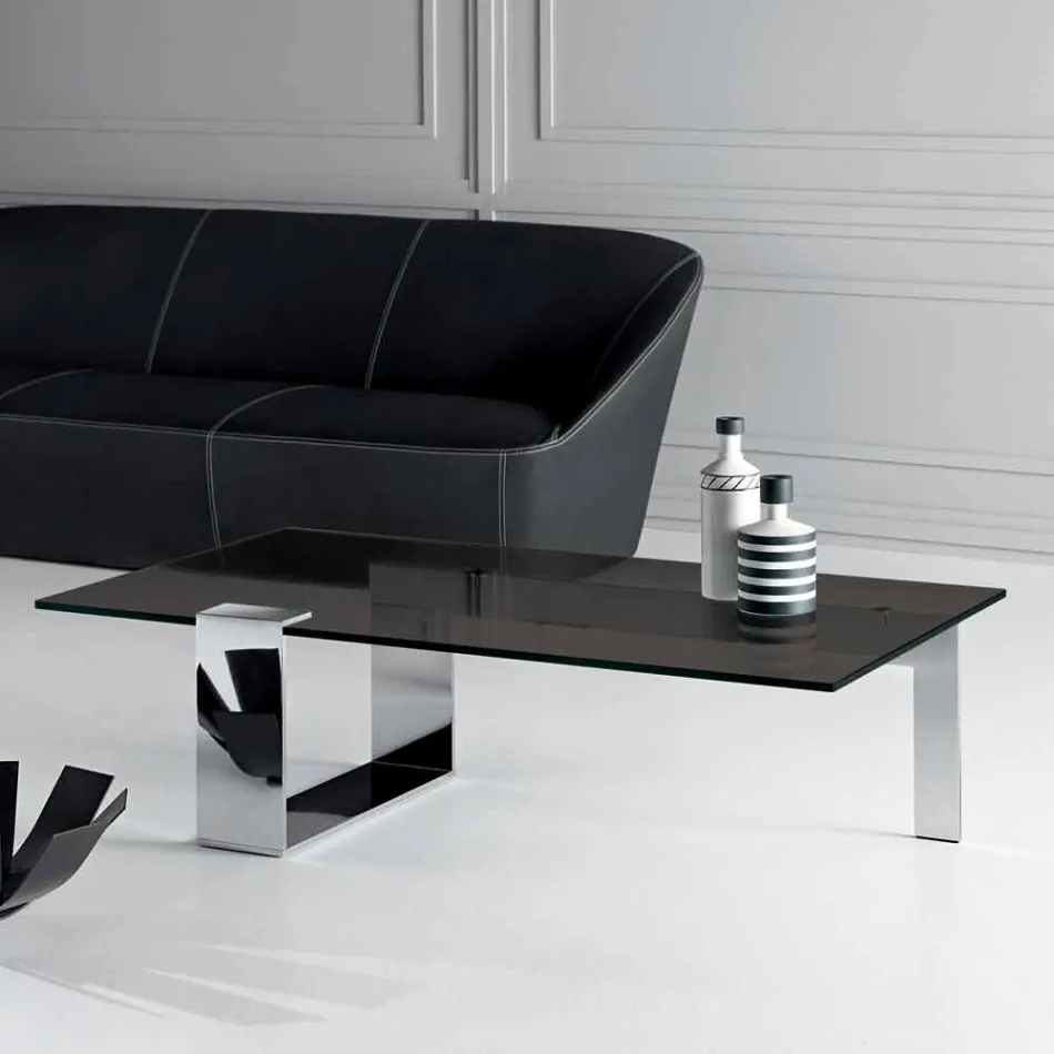 Modern Coffee Table with Smoked Glass Top and Metal Base Made in Italy - Scoby Viadurini