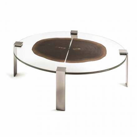 Low oval coffee table with glass and wooden top Buck 1 Viadurini