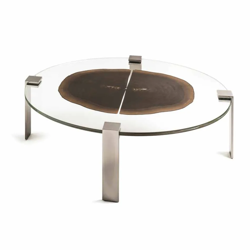 Low oval coffee table with glass and wooden top Buck 1 Viadurini