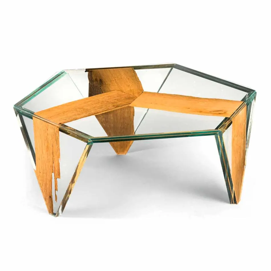 Shaped Coffee Table in Glass and Wood Made in Italy - Mumbai Viadurini