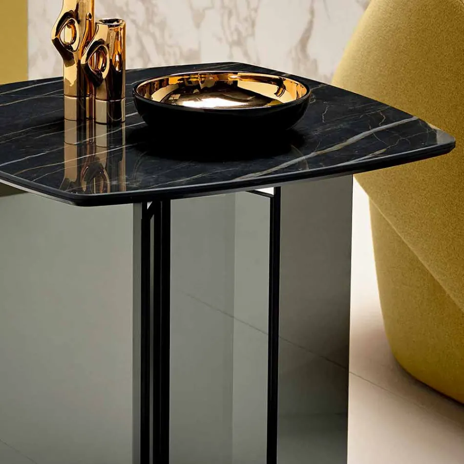 Sofa Side Table for Living Room with Ceramic Top and Smoked Glass - Random Viadurini