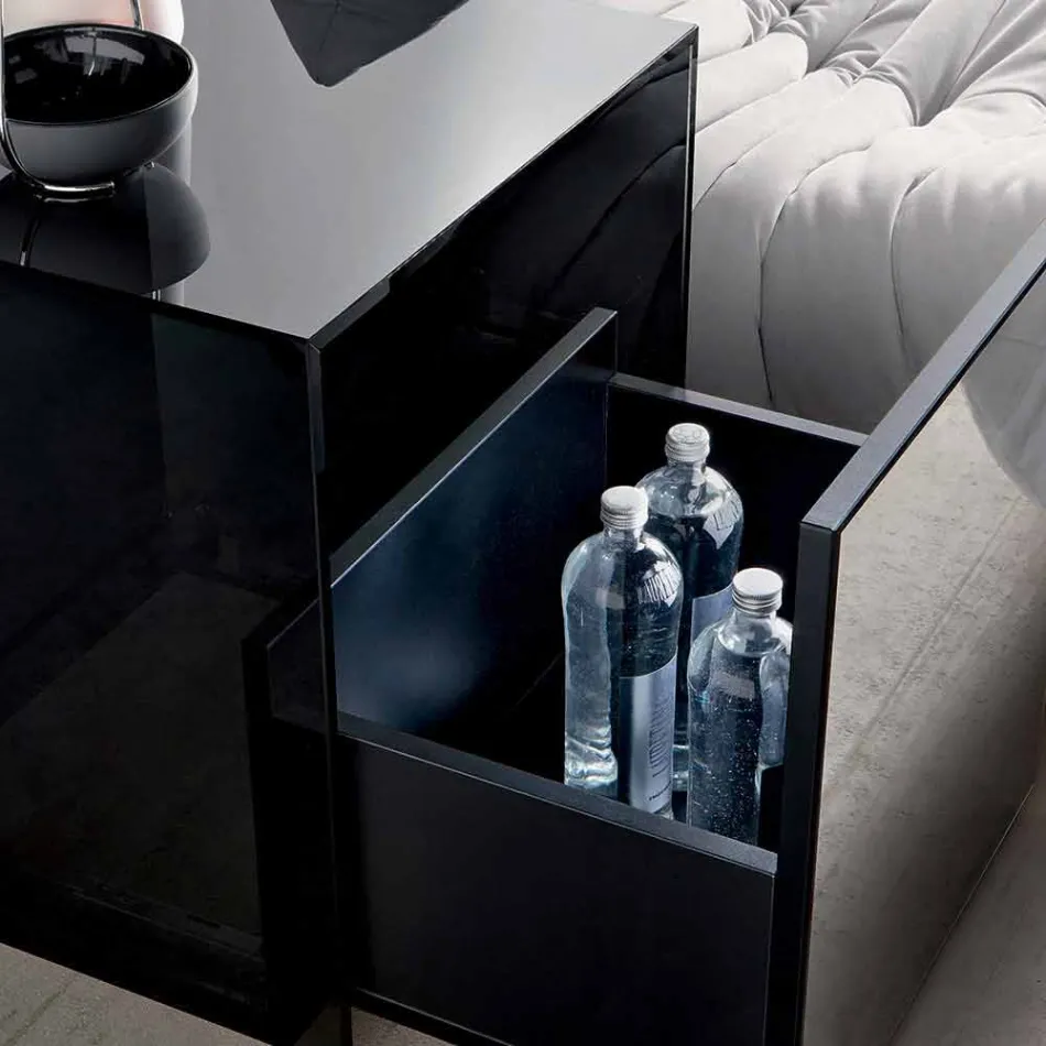 Sofa Side Table or Bedside Table in Smoked Glass with Wooden Drawer - Mantra Viadurini