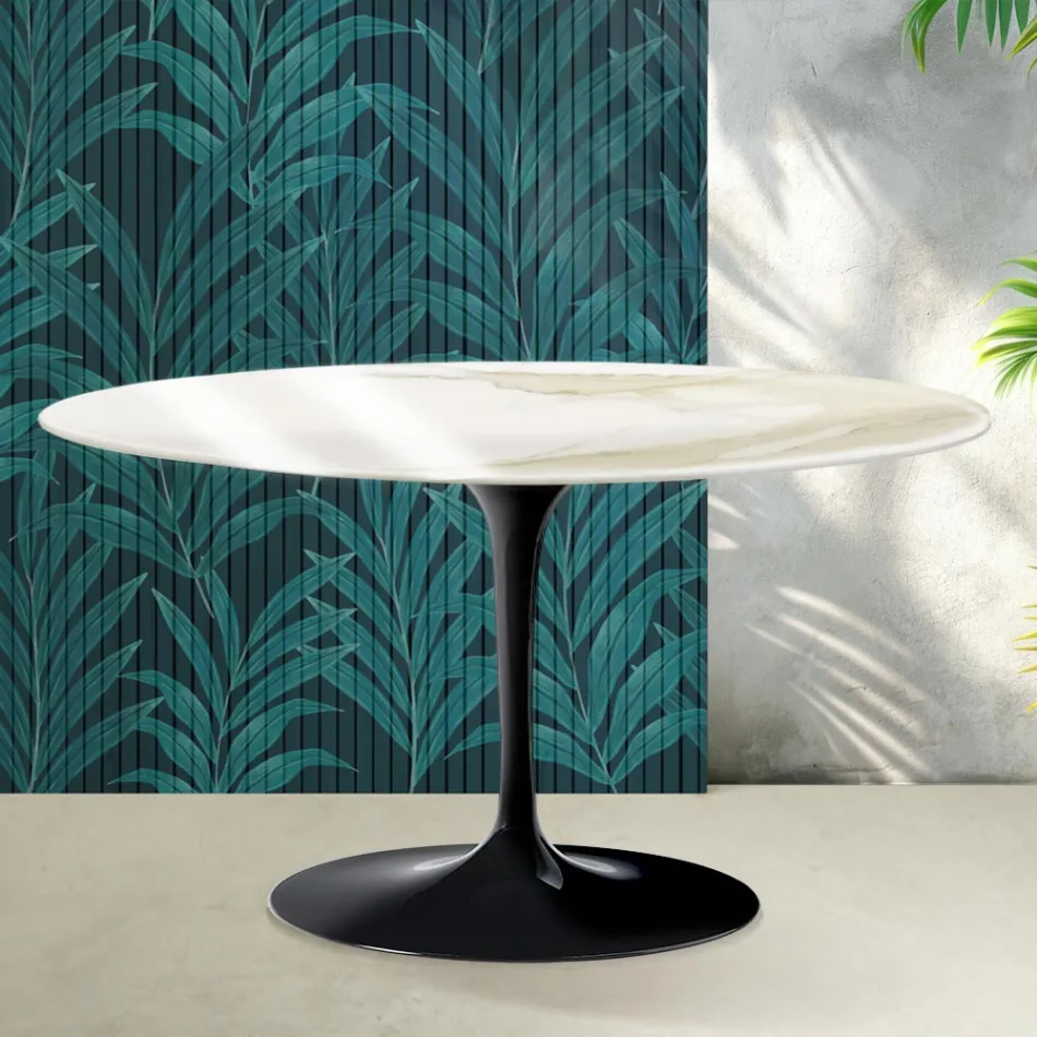 Saarinen Tulip Oval Coffee Table H 41 cm in Glossy Calacatta Gold Florim Ceramic - Scarlet Viadurini