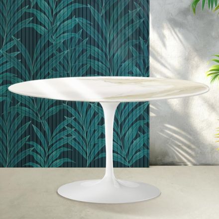 Saarinen Tulip Oval Coffee Table H 41 cm in Glossy Calacatta Gold Florim Ceramic - Scarlet Viadurini