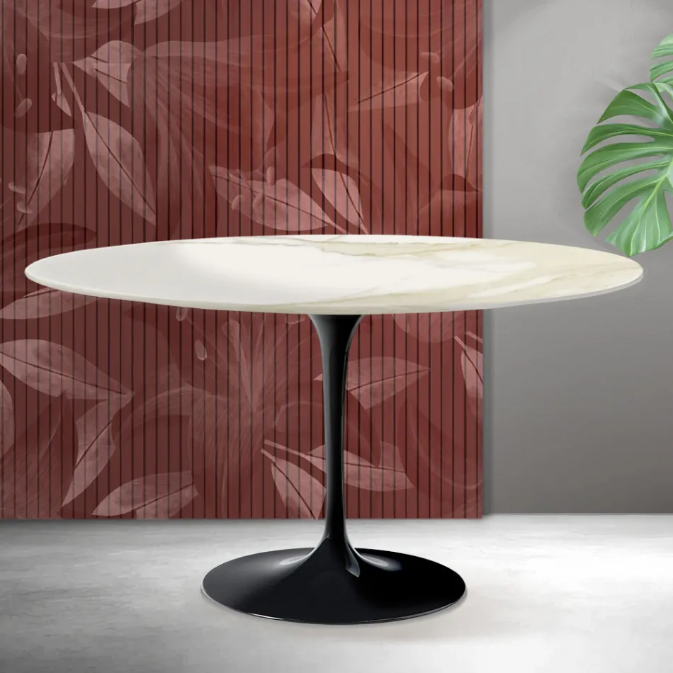 Saarinen Tulip Oval Coffee Table H 41 cm in Florim Calacatta Gold Matt Ceramic - Scarlet Viadurini