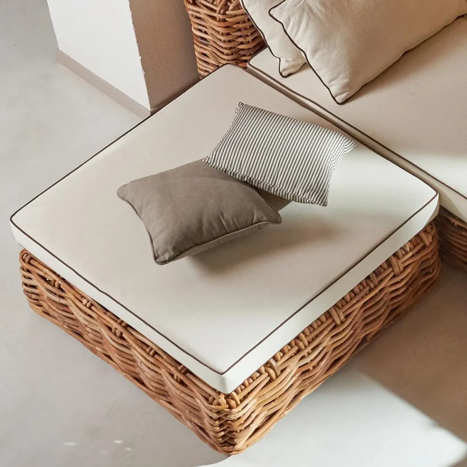 Garden Coffee Table-Pouf in Natural Rattan with Cushion Included - Keira Viadurini