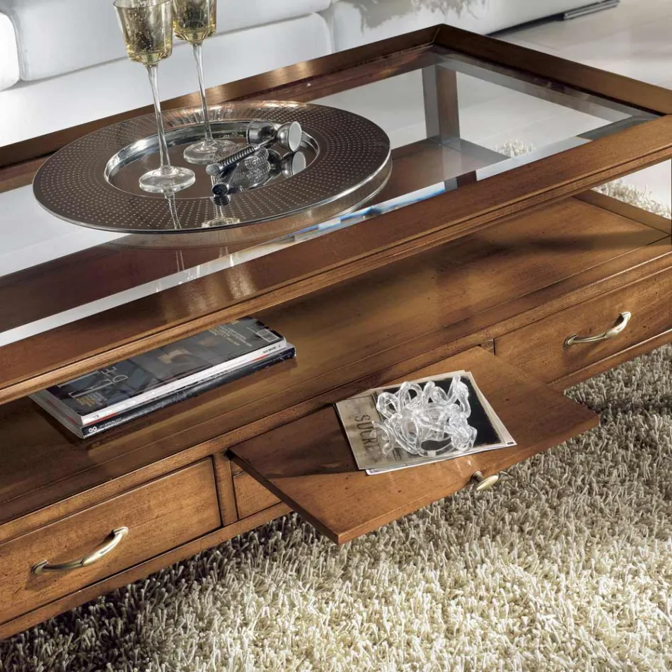 Rectangular coffee table with 4 drawers and 2 wooden pulls Made in Italy - Ade Viadurini