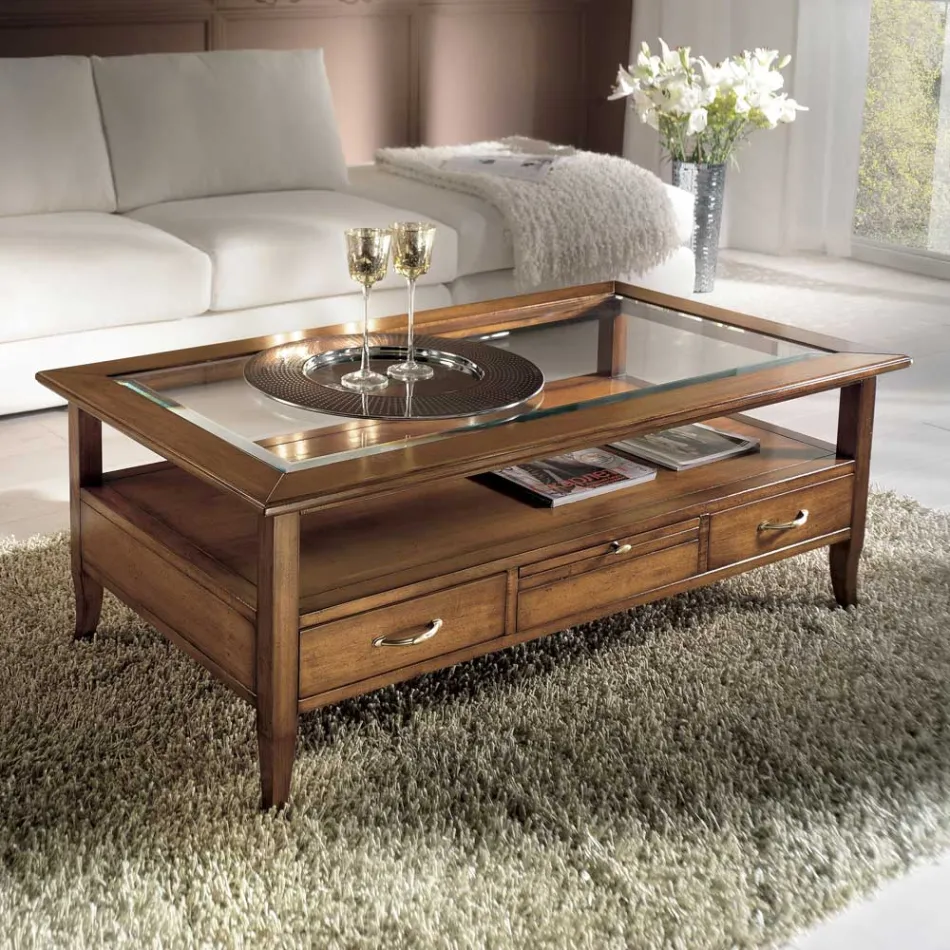 Rectangular coffee table with 4 drawers and 2 wooden pulls Made in Italy - Ade Viadurini