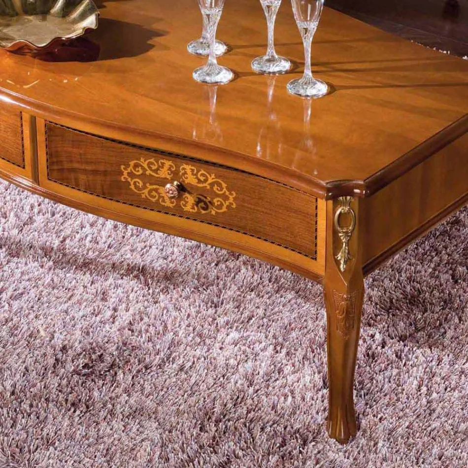 Inlaid Wood Coffee Table with 2 Drawers Made in Italy - Katerine Viadurini