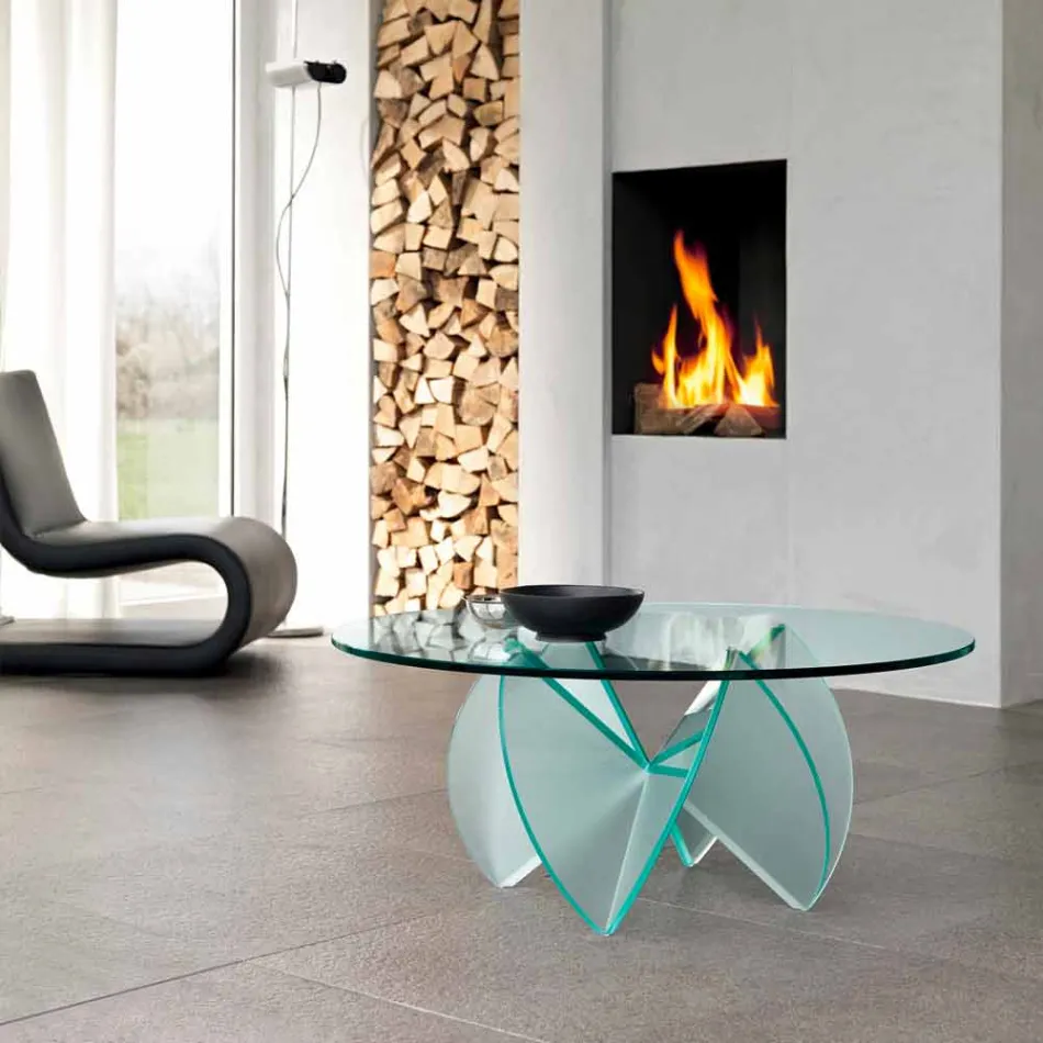 Living Room Coffee Table with Transparent Glass Flower and Acid Base 3 Sizes - Fiorella Viadurini