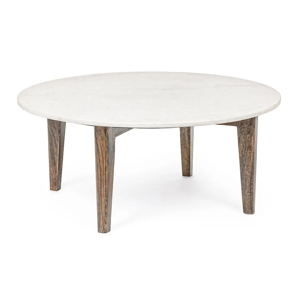 Round Coffee Table for Living Room in Marble and Mango Wood - Desiderio Viadurini