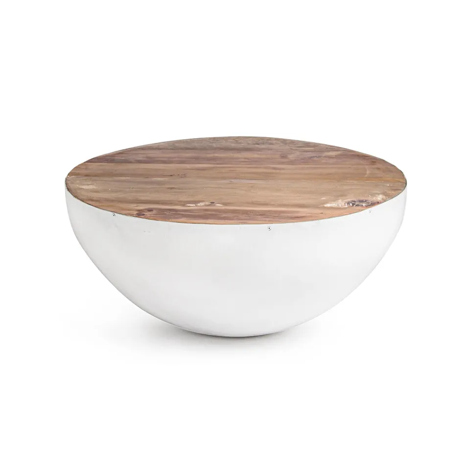 Round Coffee Table in Recycled Wood and Steel White or Gray - Genoveffa Viadurini