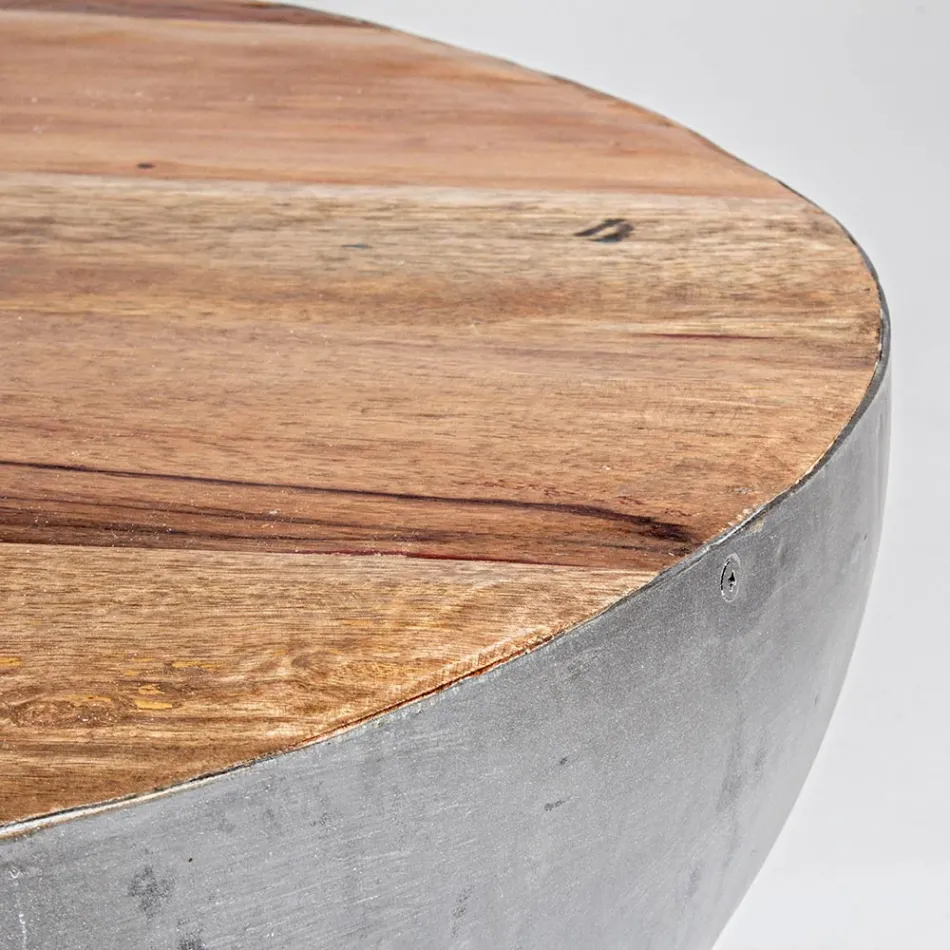 Round Coffee Table in Recycled Wood and Steel White or Gray - Genoveffa Viadurini