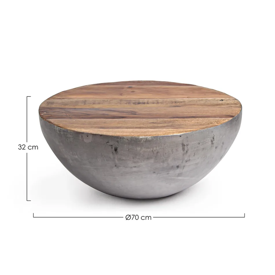Round Coffee Table in Recycled Wood and Steel White or Gray - Genoveffa Viadurini