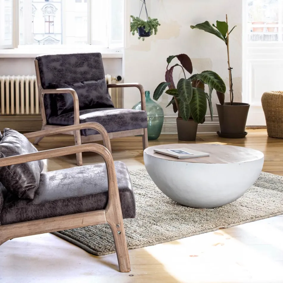 Round Coffee Table in Recycled Wood and Steel White or Gray - Genoveffa Viadurini