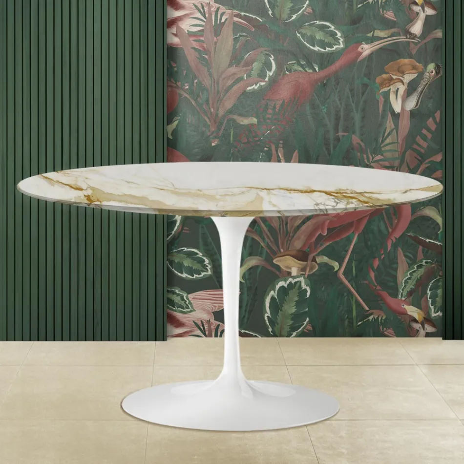 Tulip Coffee Table Eero Saarinen H 41 Oval with Caracatta Gold Marble Top Viadurini