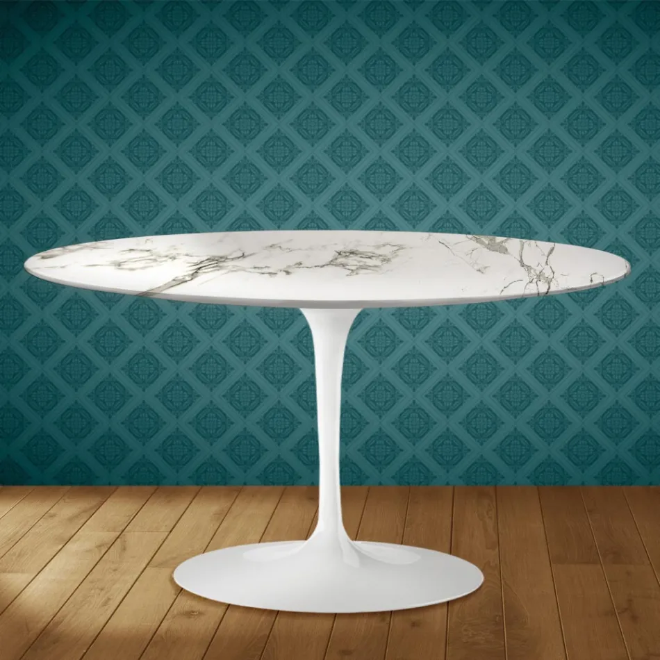 Eero Saarinen H 41 Oval Tulip Coffee Table in Aura 22 Ceramic Made in Italy - Scarlet Viadurini