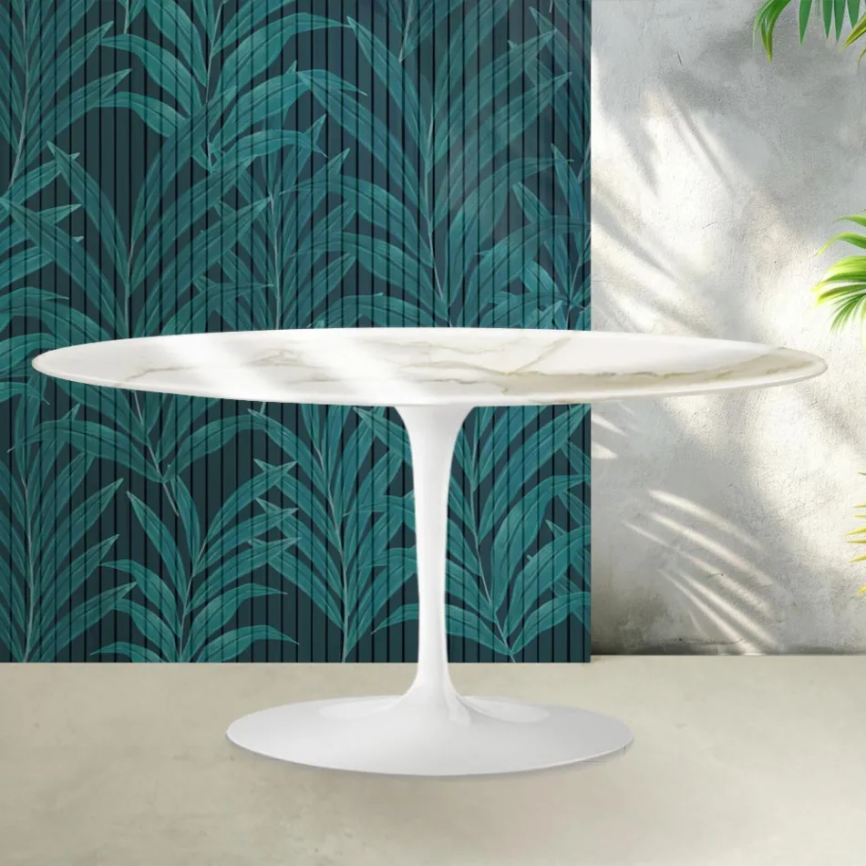 Saarinen Tulip Coffee Table H 41 cm in Glossy Florim Calacatta Gold Ceramic - Scarlet Viadurini