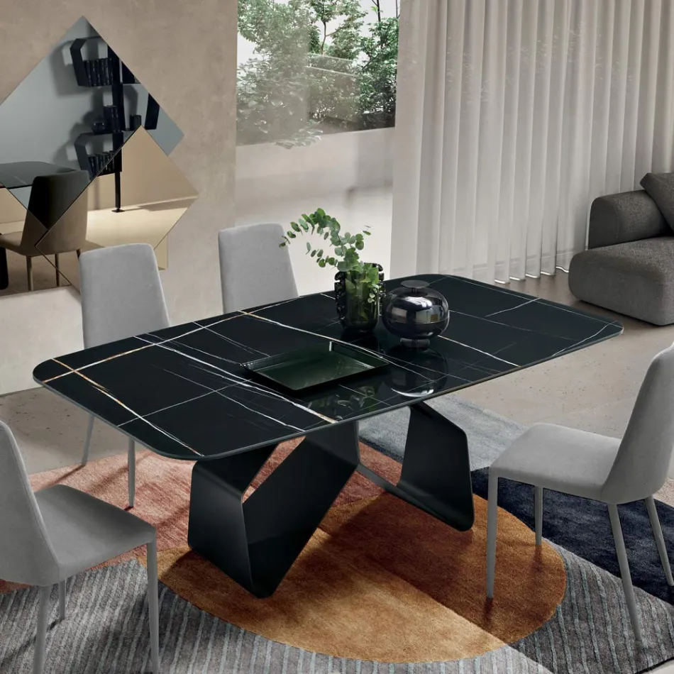 210x110 cm Table with Marble-Effect Ceramic Top and Metal Base - Adriano Viadurini