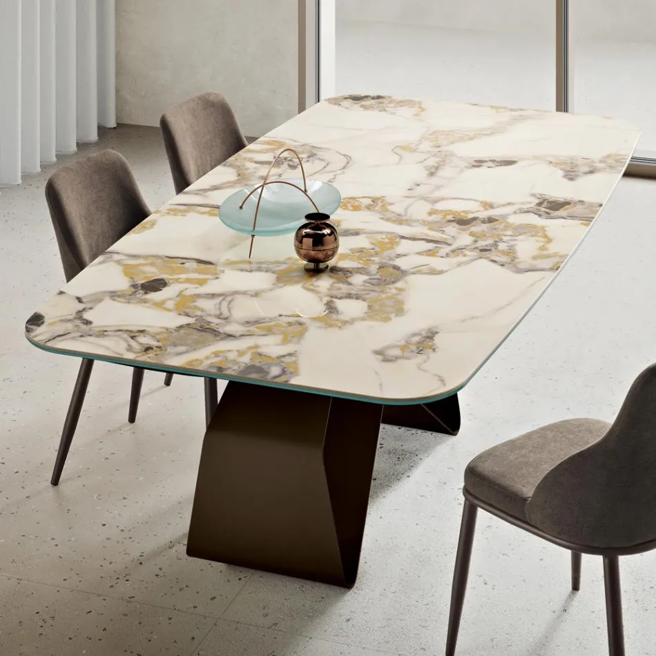210x110 cm Table with Marble-Effect Ceramic Top and Metal Base - Adriano Viadurini