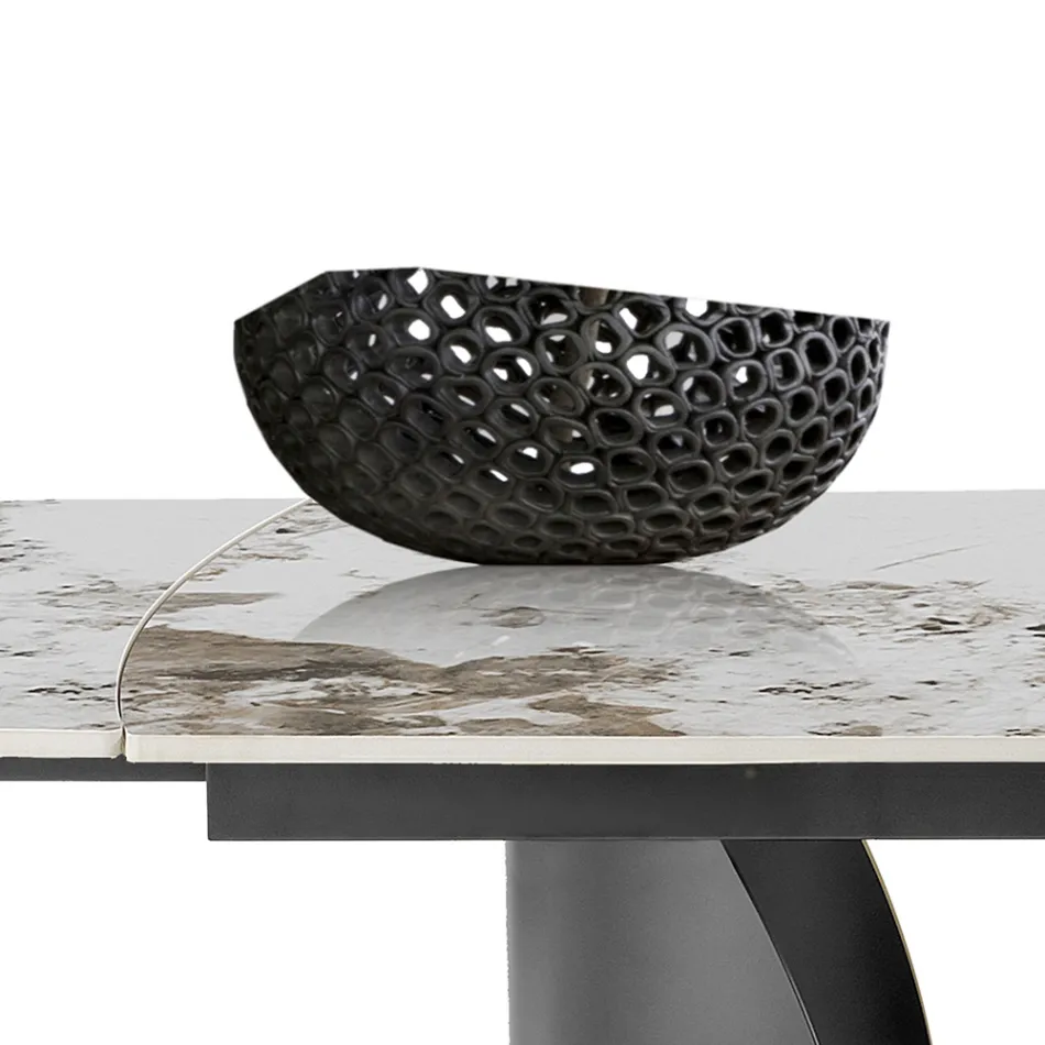 Extendable Table with Metal Base and Ceramic Top in Marble Finish - Lombo  Viadurini