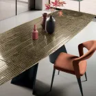 Extendable Table with Metal Base and Ribbed Glass Top Made in Italy - Lumo Viadurini