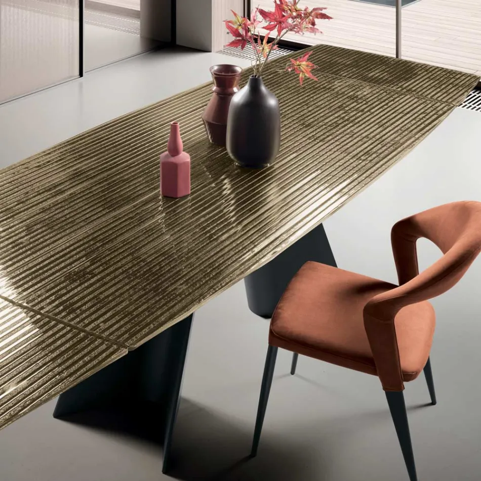 Extendable Table with Metal Base and Ribbed Glass Top Made in Italy - Lumo Viadurini