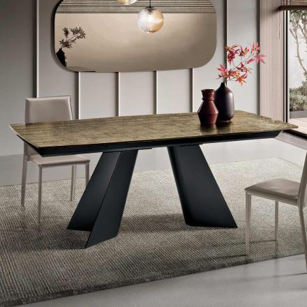 Extendable Table with Metal Base and Ribbed Glass Top Made in Italy - Lumo Viadurini