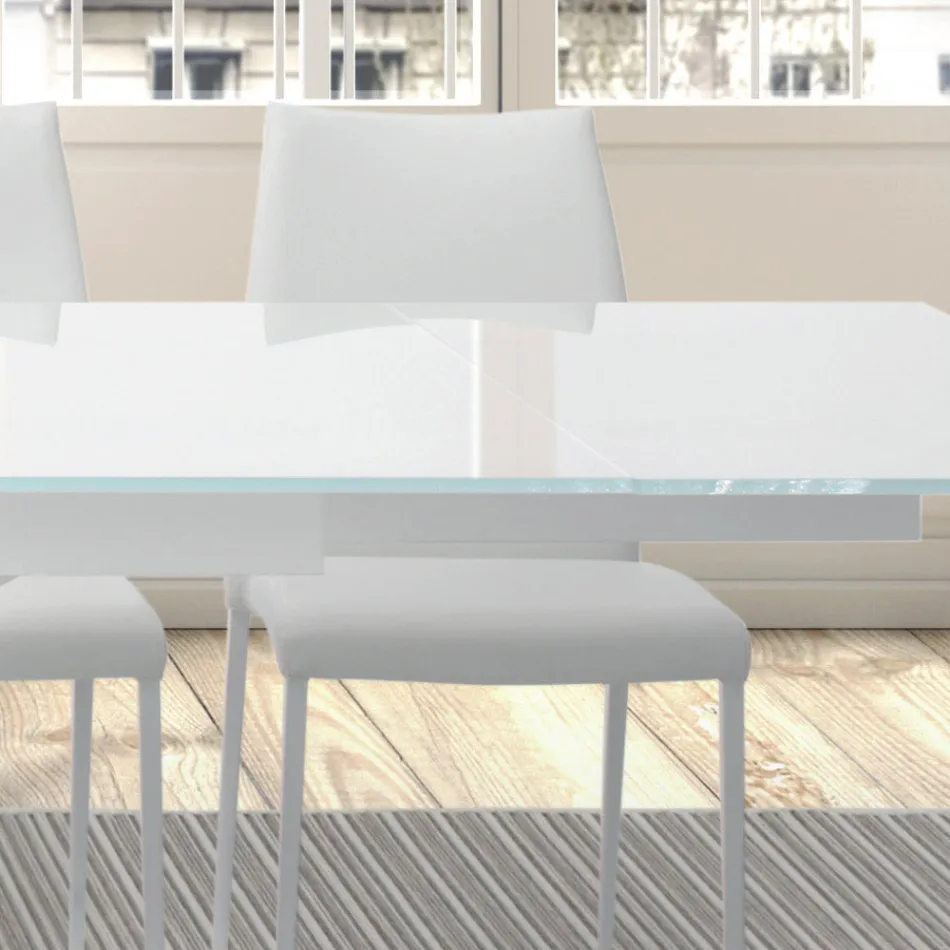 Extendable table up to 278 cm in glass and white steel Made in Italy - Grotta Viadurini