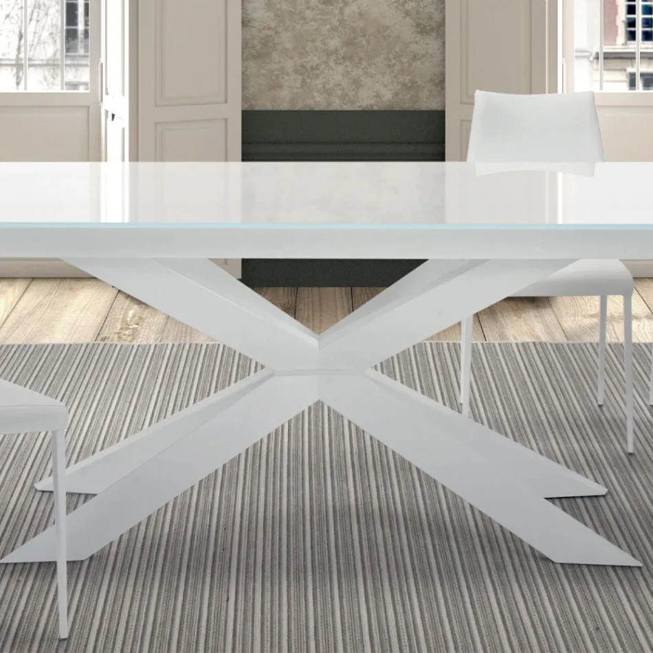 Extendable table up to 278 cm in glass and white steel Made in Italy - Grotta Viadurini